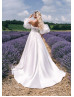 Strapless Beaded Ivory Lace Satin Slit Wedding Dress With Ruffled Sleeves